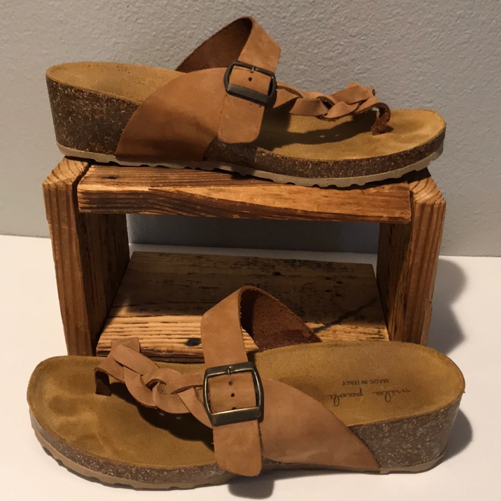 Mika Paoli brown leather braided wedge sandals